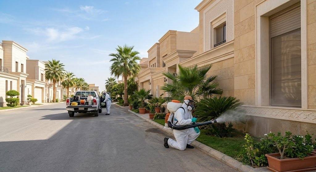 فريق عمل محترف يقوم برش المبيدات ومكافحة الحشرات بجودة عالية وأمان تام ضمن خدمات مكافحة حشرات حي العقيق لضمان بيئة نظيفة وصحية للعملاء.