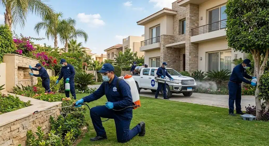 فريق عمل محترف يقوم بأعمال رش ومكافحة الحشرات بدقة وأمان باستخدام أحدث المعدات والمبيدات المصرح بها ضمن خدمات مكافحة حشرات حي الزهره لضمان بيئة صحية ونظيفة وراحة العملاء.