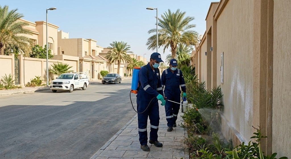 فريق عمل محترف يقوم بأعمال رش ومكافحة الحشرات بدقة وأمان باستخدام أحدث المعدات والمبيدات المعتمدة ضمن خدمات مكافحة حشرات حي الواحة لضمان بيئة صحية خالية من الآفات وراحة العملاء.