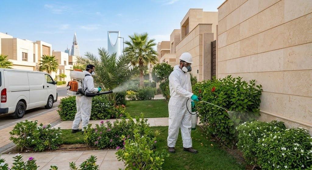 فريق عمل محترف يقوم برش المبيدات ومكافحة الحشرات بدقة وأمان باستخدام أحدث المعدات والمواد الفعالة ضمن خدمات مكافحة حشرات حي الفيحاء لضمان بيئة صحية ونظيفة وراحة العملاء.