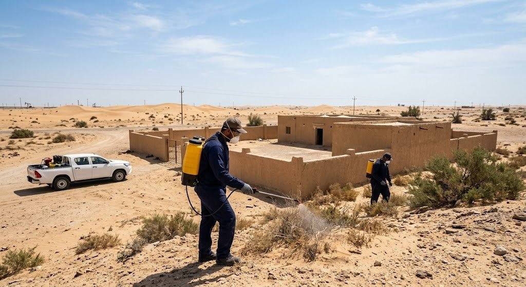فني محترف يقوم بأعمال رش ومكافحة الحشرات بدقة وأمان باستخدام أحدث المعدات والمبيدات الفعالة والآمنة ضمن خدمات مكافحة حشرات حي المعيزلية لضمان بيئة نظيفة وصحية وراحة العملاء.